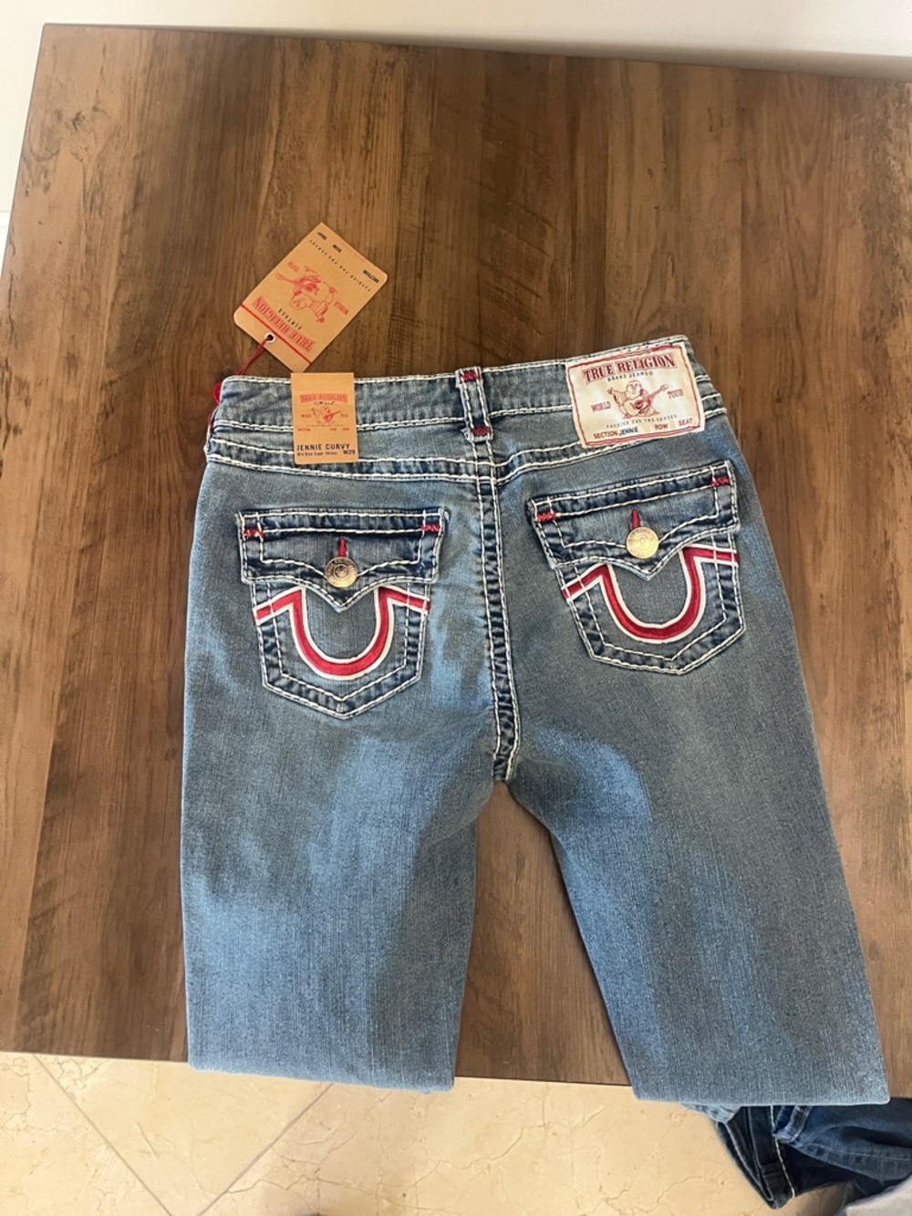 True Religion Light Blue Denim Jeans with Red Accent Stitching